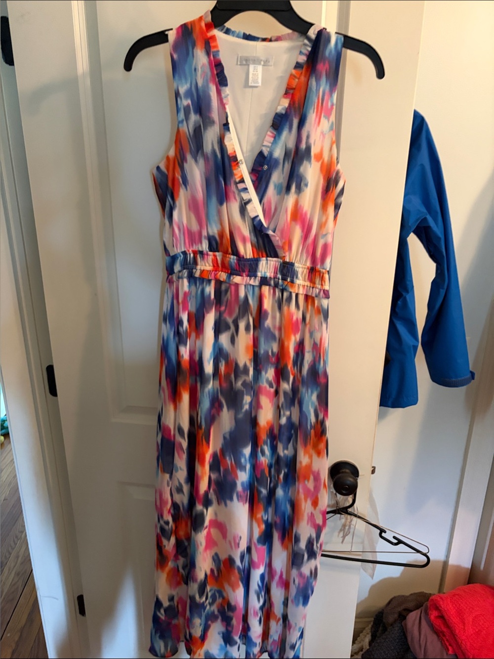 London Times Sleeveless Multi-Color Print Maxi Dress - Blue, Pink, Orange